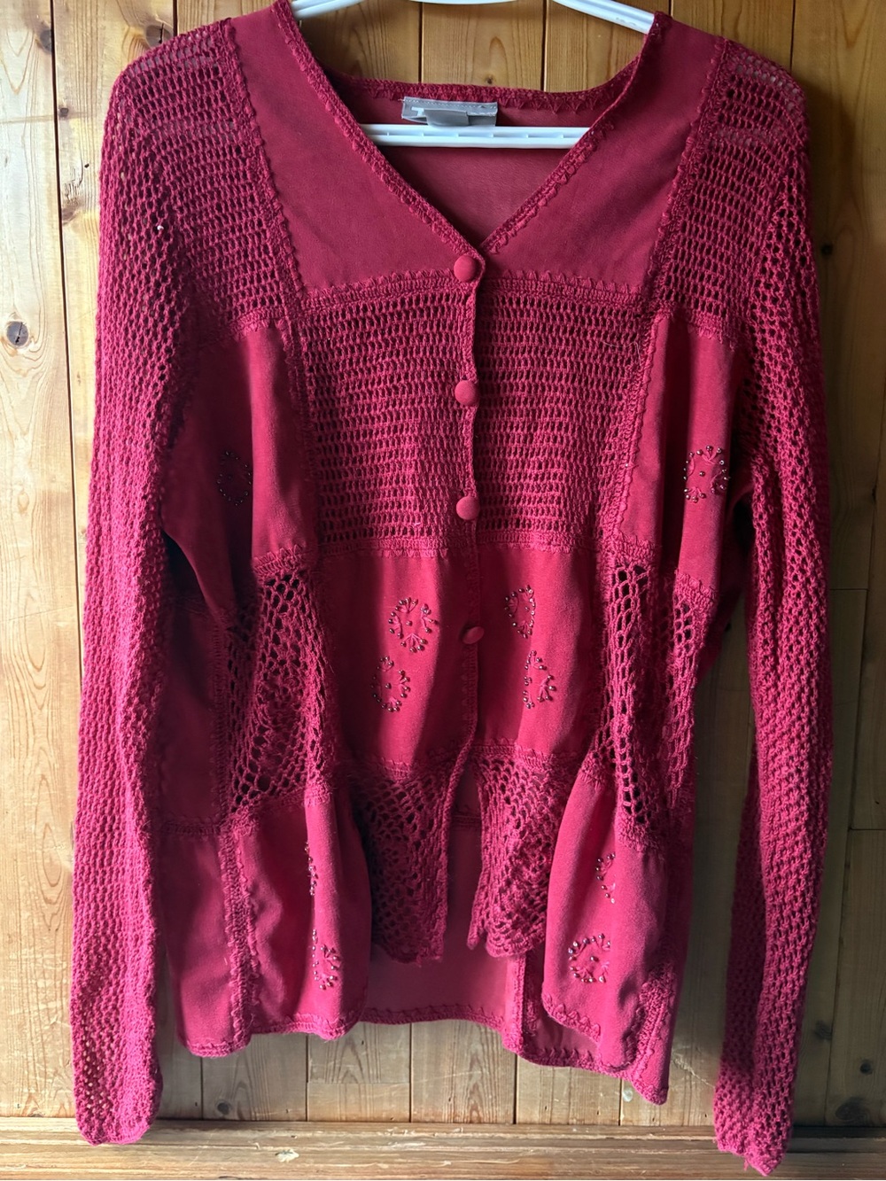 Vintage TanJay Deep Red Crochet & Button-Front Cardigan